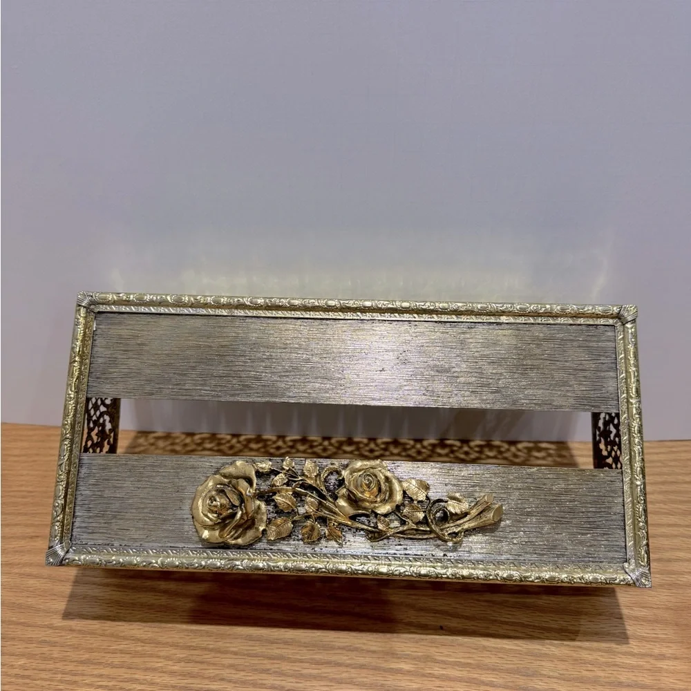 Gold Metal Vanity Tray Set with Jewelry Stand and Mirrored Tray